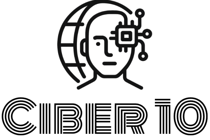 Logotipo do site ciber 10, com a cabeça de um homem usando um equipamento eletrônico no olho direito. Abaixo dele existe a descrição: "Ciber 10, inovações tecnológicas e cibercultura".