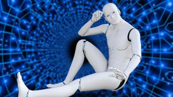 Um robô parecido com um humano em um túnel brilhante.
